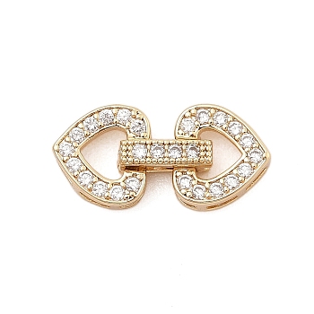 Brass Micro Pave Clear Cubic Zirconia Fold Over Clasps, Heart, Real 18K Gold Plated, 20.5x9.5x3.5~4.5mm, Hole: 2.5x0.8mm