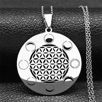 304 Stainless Steel Necklaces, Flat Round with Flower of Life Pendant Necklaces, Stainless Steel Color, 19.76 inch(50.2cm)