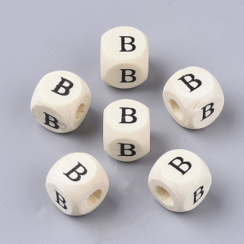 Printed Natural Wood Beads, Horizontal Hole, Cube with Initial Letter, PapayaWhip, Letter.B, 10x10x10mm, Hole: 3.5mm, about 1000pcs/500g