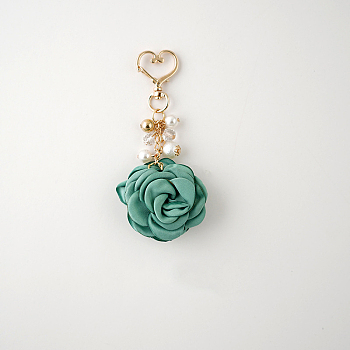 Satin Rose Pendant Decorations, with Heart Lobster Claw Clasps, Sea Green, 105mm