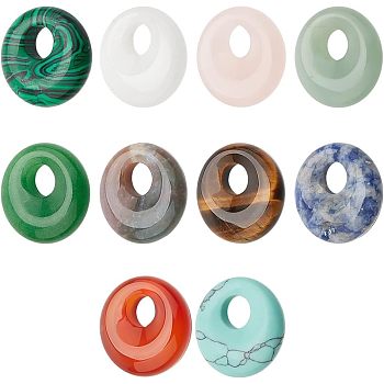 10Pcs 10 Styles Natural & Synthetic Gemstone Pendants, Donut/Pi Disc Charm, Mixed Dyed and Undyed, 17.5~18.5x5.5mm, Hole: 5.5mm, 1pc/style