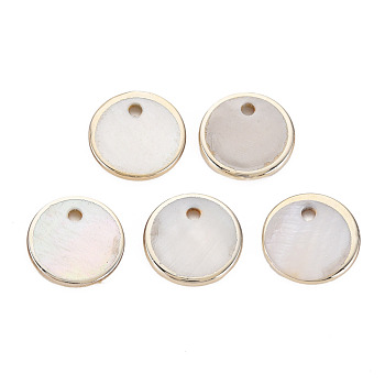 Natural Freshwater Shell Charms, with UV Plated, Flat Round, Light Gold, 15x1.5mm, Hole: 2mm