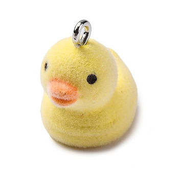 Flocky Resin Pendants, Duck, with Platinum Iron Loop, Yellow, 19x13x19mm, Hole: 1.8mm