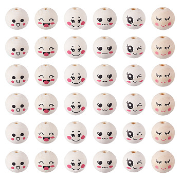48Pcs 6 Styles Printed Wood Beads, Round with Smiling Face, Undyed, Blanched Almond, 19~20x17~18mm, Hole: 2~5mm, 8pcs/style