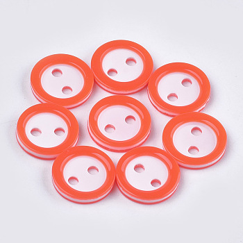 Resin Buttons, 2-Hole, Flat Round, Orange Red, 11x2mm, Hole: 1.8mm, about 1000pcs/bag