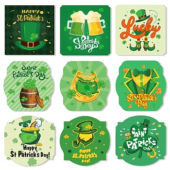 9 Sheets Saint Patrick's Day Theme Paper Self Adhesive Clover Label Stickers, for Party Bottle Decoration, Square, Green, 100x100mm