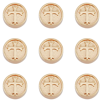 Brass Beads, Flat Round with Cross, Cadmium Free & Nickel Free & Lead Free, Real 18K Gold Plated, 10x4.5mm, Hole: 1.4mm, 10pcs/box