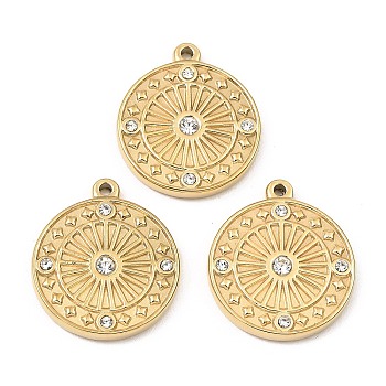 Ion Plating(IP) 316 Stainless Steel with Rhinestone Pendants, Flat Round Charm, Real 24K Gold Plated, 21.5x19x2.5mm, Hole: 1.2mm