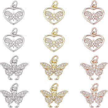 12Pcs 2 Style Brass Micro Pave Cubic Zirconia Pendants, with Jump Rings, Long-Lasting Plated, Butterfly, Mixed Color, 6pcs/style