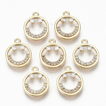 Brass Micro Pave Clear Cubic Zirconia Charms, Nickel Free, Flat Round with Smiling Face, Real 18K Gold Plated, 14x11.5x2mm, Hole: 1.2mm