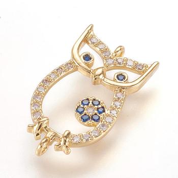 Brass Micro Pave Cubic Zirconia Links, Owl, Real 18K Gold Plated, 20x11x2mm, Hole: 1mm