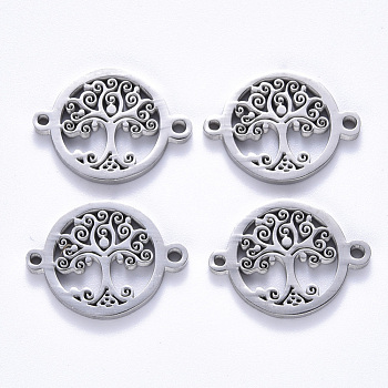 201 Stainless Steel Links Connectors, Laser Cut, Flat Round with Tree of Life, Stainless Steel Color, 15x20x1.5mm, Hole: 1.2mm