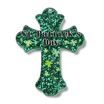 Saint Patrick's Day Theme Acrylic Pendants, with Glitter Powder, Cross, 39x30x2mm, Hole: 1.6mm