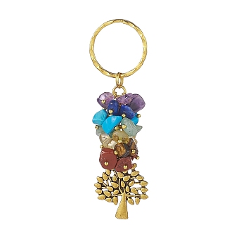 Chakra Natural Gemstone Chip Pendant Keychain, with Iron Findings and Alloy Pendants, Tree of Life Pattern, 8.5cm, Pendant: 28x23.5x1.5mm