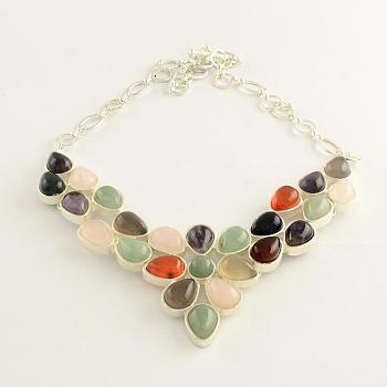 Gemstone Bib Statement Necklaces with Alloy Cabochon Settings and Silver Color Plated Brass Chains , Mixed Stone, 19.8 inch.