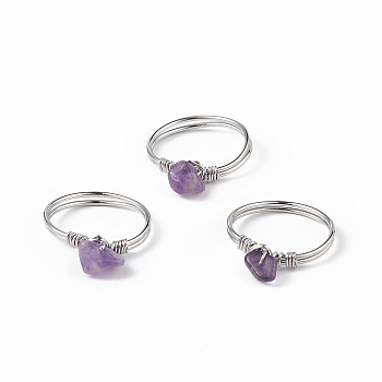 Natural Amethyst Chips Finger Ring, Platinum Brass Wire Wrap Jewelry for Women, Inner Diameter: 18mm