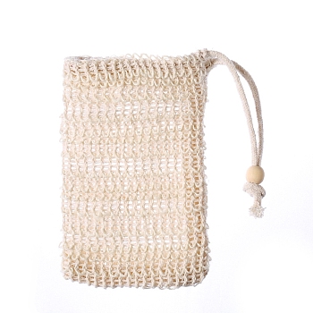 Cotton and Linen Foaming Nets, Soap Saver Mesh Bag, with Wood Beads, Double Layer Bubble Foam Nets, for Body Facial Cleaning, Bisque, 14x12cm
