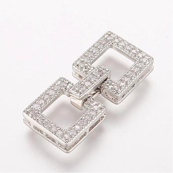Brass Micro Pave Cubic Zirconia Fold Over Clasps, Square, Platinum, 25x11x4.5mm, Hole: 0.5mm
