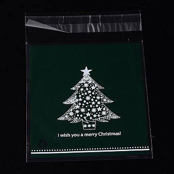 Rectangle OPP Cellophane Bags, with Christmas Tree Pattern, Dark Green, 14x9.9cm, Unilateral Thickness: 0.035mm, Inner Measure: 11x9.9cm, about 95~100pcs/bag