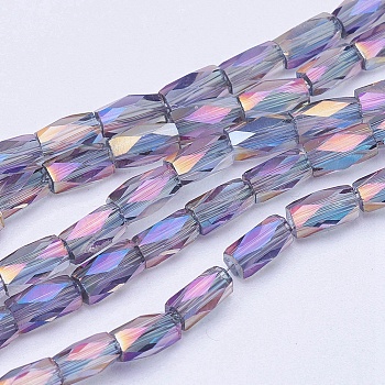 Electroplate Transparent Glass Beads Strands, Full Rainbow Plated, Faceted, Column, Medium Purple, 5x3mm, Hole: 0.5mm, about 100pcs/strand, 19.4 inch