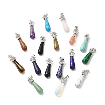 Natural & Synthetic Mixed Gemstone Pendants, Teardrop Charms, with Brass Crystal Rhinestone Crown Findings, Platinum, Cadmium Free & Lead Free, 36~39x9.5~11mm, Hole: 5x8mm