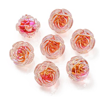 UV Plating Rainbow Iridescent Acrylic Beads, Two Tone Bead in Bead, Rose, Red, 15.5x16x15mm, Hole: 3mm
