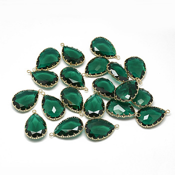 Glass Pendants, with Golden Tone Brass Findings, Faceted, teardrop, Dark Green, 30x18.5x7.5mm, Hole: 2mm