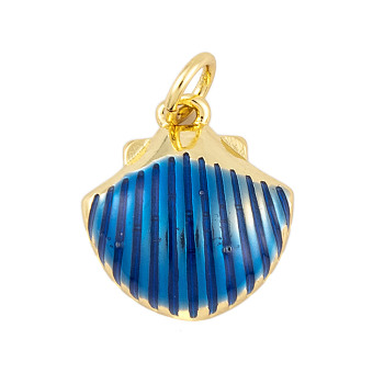 Rack Plating Brass Enamel Pendants, Cadmium Free & Lead Free, Long-Lasting Plated, Real 18K Gold Plated, Shell Shape, Dark Blue, 14x13x4mm, Hole: 3mm