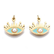 316 Surgical Stainless Steel Enamel Charms, with Jump Rings and ABS Plastic Imitation Pearl Bead, Real 14K Gold Plated, Eye, Pale Turquoise, 11x12x1mm, Jump Ring: 2.7x0.4m, 1.9mm inner diameter(X-STAS-S116-382B-G)