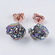 Brass Ear Stud Components, with Natural Druzy Agate, Nuggets, Rainbow Plated, 6~9x5~8.5x3~7mm, Pin: 0.7mm(EJEW-E222-C-01RG)