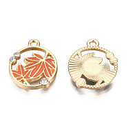Autumn Theme Alloy Enamel Pendants, with Rhinestones, Light Gold, Flat Round with Maple Leaf, Coral, 18x15.5x2.5mm, Hole: 1.6mm(X-ENAM-N048-010A)