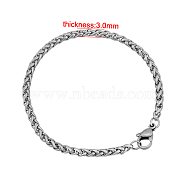 304 Stainless Steel Wheat Chain Bracelets, with Lobster Claw Clasps, Stainless Steel Color, 6-3/4 inch(170mm), 3mm(BJEW-M187-12-E)