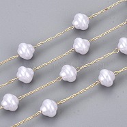 Handmade ABS Plastic Imitation Pearl Beads Chains, for Necklaces Bracelets Making, with Brass Paperclip Chains, Long-Lasting Plated, Soldered, Light Gold, Creamy White, Links: 3x1x0.4mm, Beads: 3/8x1/4 inch(8x7mm,Links: 3x1x0.4mm, Beads: 8x7mm(CHC-T012-26LG)