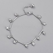 Brass Heart Charm Anklets, with Bar Link Chains and Bell Charms, Platinum, 8-7/8 inch(22.5cm)(AJEW-B005-03P)