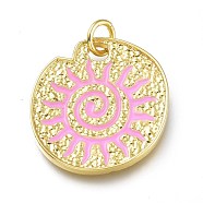 Real 18K Gold Plated Brass Enamel Pendants, Long-Lasting Plated, with Jump Rings, Lead Free & Cadmium Free, Flat Round with Sun, Pink, 23x22.5x2.5mm, Jump Ring: 6x1mm, Inner Diameter: 4mm(KK-A150-07G-C-RS)