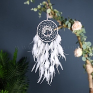 Iron & Natural Quartz Crystal Woven Web/Net with Feather Pendant Decorations, with Imitation Pearl Beads, Flat Round with Tree Wall Hanging, 150mm(PW-WG59818-04)
