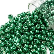 6/0 Glass Seed Beads, Metallic Colours Style, Round, Sea Green, 6/0, 4mm, Hole: 1.5mm, about 4500pcs/pound(SEED-A017-4mm-1114)