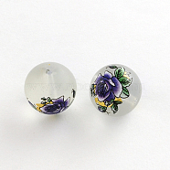 Flower Picture Frosted Transparent Glass Round Beads, Mauve, 14x13mm, Hole: 1.5mm(GFB-R004-14mm-H07)