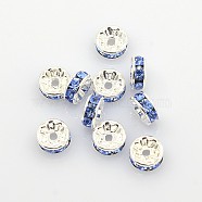 Brass Rhinestone Spacer Beads, Grade A, Silver Color Plated, Rondelle, Light Blue, Size: about 8mm in diameter, 3.5mm thick, hole: 2mm(RB-A004-3)