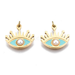 316 Surgical Stainless Steel Enamel Charms, with Jump Rings and ABS Plastic Imitation Pearl Bead, Real 14K Gold Plated, Eye, Pale Turquoise, 11x12x1mm, Jump Ring: 2.7x0.4m, 1.9mm inner diameter(X-STAS-S116-382B-G)