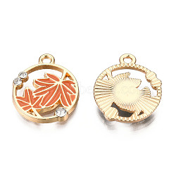 Autumn Theme Alloy Enamel Pendants, with Rhinestones, Light Gold, Flat Round with Maple Leaf, Coral, 18x15.5x2.5mm, Hole: 1.6mm(X-ENAM-N048-010A)