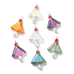Electroplate Transparent Glass Beaded Pendents, with Silver Brass Findings, Triangle Charms, Mixed Color, 25x16x5mm, Hole: 2mm(PALLOY-JF02116)