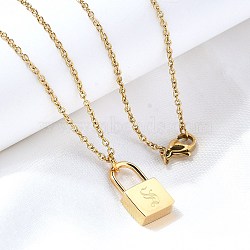 304 Stainless Steel Rolo Chain Pendant Necklaces, Padlock Necklaces for Women Men, Locks with Letter, Letter S, 17.64 inch(44.8cm)(NJEW-S444-01G-19)