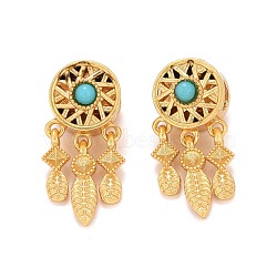 Alloy European Beads, with Synthetic Turquoise, Large Hole Beads, Long-Lasting Plated, Cadmium Free & Lead Free, Flat Round with Star & Feather, Matte Gold Color, 25x11x11mm, Hole: 5mm(MPDL-M058-07G)