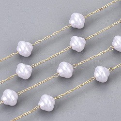 Handmade ABS Plastic Imitation Pearl Beads Chains, for Necklaces Bracelets Making, with Brass Paperclip Chains, Long-Lasting Plated, Soldered, Light Gold, Creamy White, Links: 3x1x0.4mm, Beads: 3/8x1/4 inch(8x7mm,Links: 3x1x0.4mm, Beads: 8x7mm(CHC-T012-26LG)