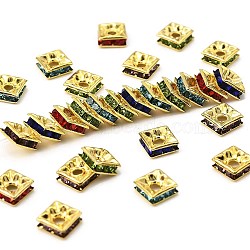 Brass Rhinestone Spacer Beads, Grade A, Square, Mixed Color, Nickel Free, Golden Metal Color, Size: about 6mmx6mmx3mm, hole: 1mm(RSB072NFG)