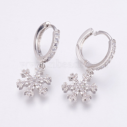 Brass Micro Pave Cubic Zirconia Dangle Hoop Earrings, Snowflake, Clear, Platinum, 28mm, Pin: 1mm(EJEW-F172-F03-P)