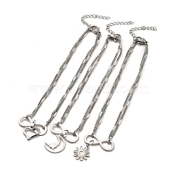 304 Stainless Steel Charm Anklet, Curb Chains Double Layered Anklet for Women, Mixed Patterns, Pendant: 11~15x11x0.5~1mm, 8-1/4 inch(21cm)(AJEW-C021-12P)
