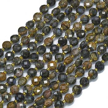 Natural Glaucophane Beads Strands, with Seed Beads, Faceted, Flat Round, 6~6.5x4mm, Hole: 1mm, about 50pcs/strand, 15.35 inch(39cm)