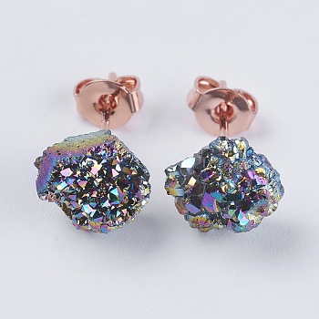 Brass Ear Stud Components, with Natural Druzy Agate, Nuggets, Rainbow Plated, 6~9x5~8.5x3~7mm, Pin: 0.7mm